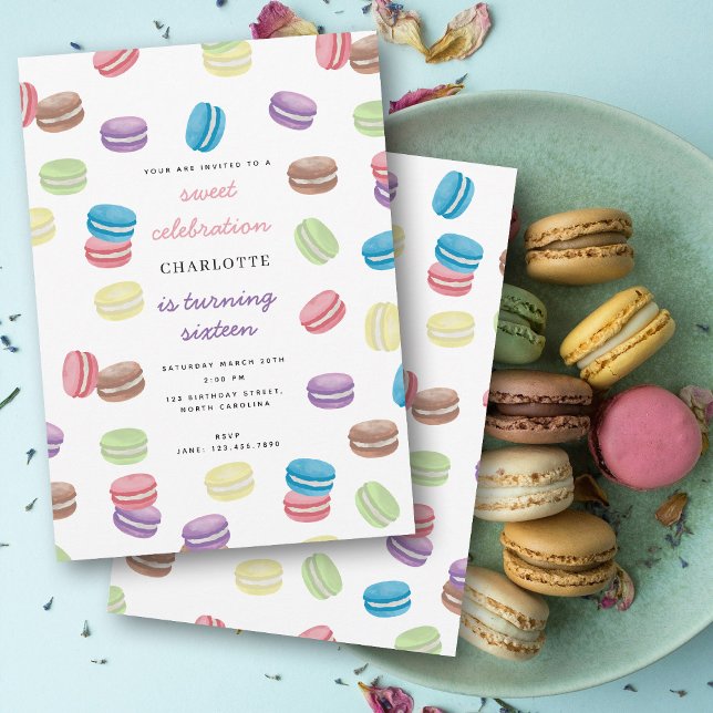 Convites Pastel Watercolor Festa de aniversário das Macarõe (Pastel Watercolor French Macarons Birthday Party Invitation)