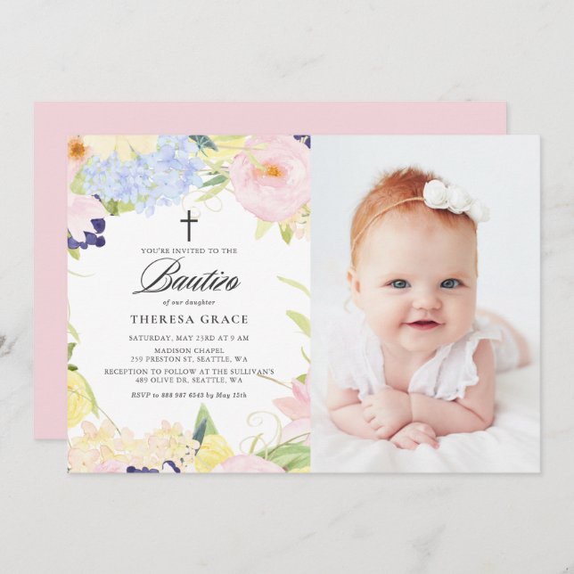 Convites Pastel Watercolor Floral Frame Photo Bautizo (Frente/Verso)