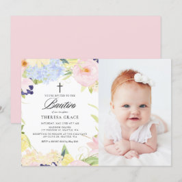 Convites Pastel Watercolor Floral Frame Photo Bautizo