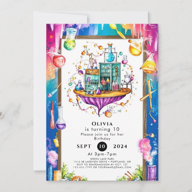 Convites Pastel Watercolor Lab Scientist Aniversário (Frente)