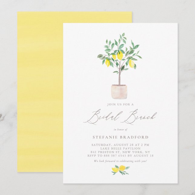 Convites Pastel Watercolor Lemon Tree Summer Bridal Brunt (Frente/Verso)