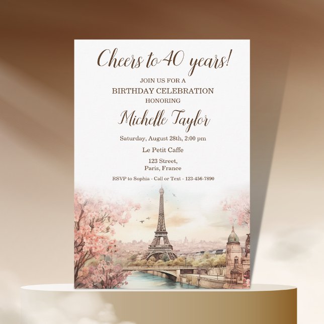 Convites Pastel Watercolor Paris Eiffel Tower 40. Aniversár (paris watercolor blush pink flowers spring
)