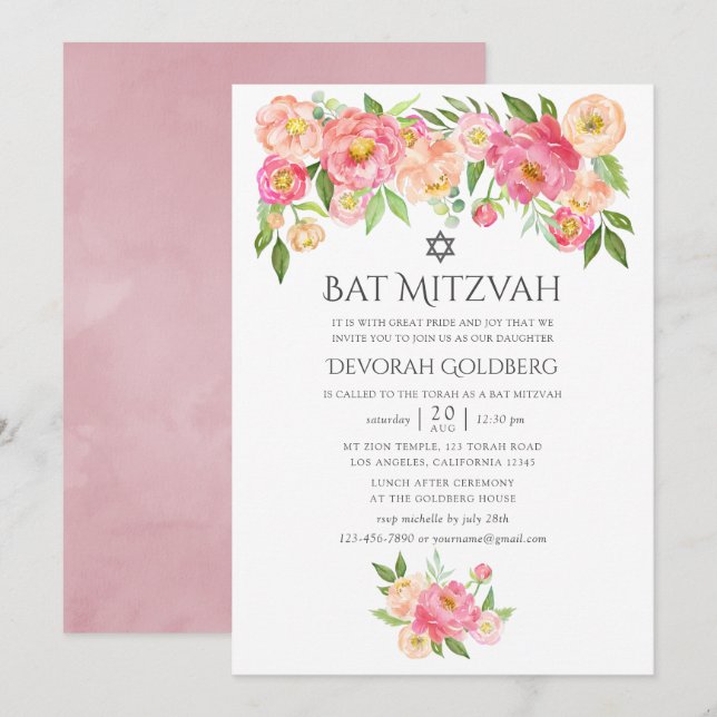 Convites Pastel Watercolor Peonies Bat Mitzvah (Frente/Verso)