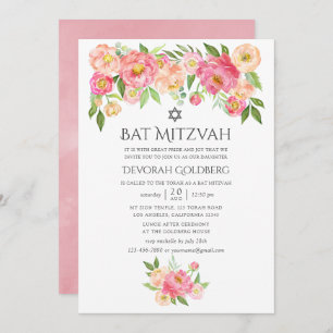 Convites Pastel Watercolor Peonies Bat Mitzvah