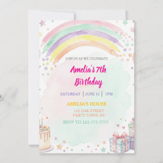 Convites Pastel Watercolor Rainbow Birthday