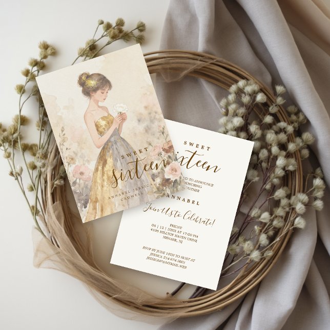 Convites Pastel Watercolor Sweet Sixteen Girl & Flowers (Soft Pastel Watercolor Effect Young Woman in Golden and Gray Strapless Gown Invitation.)