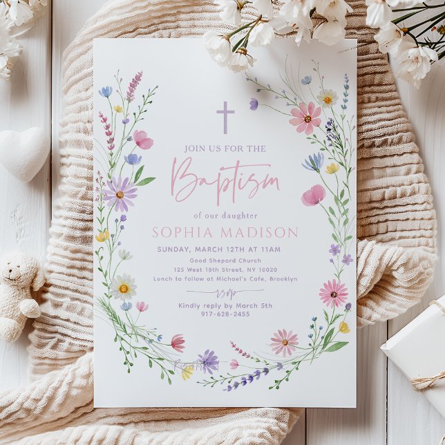 Convites Pastel Wildflower Floral Baptism (Criador carregado)