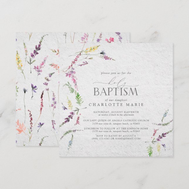 Convites Pastel Wildflower Watercolor Baptism (Frente/Verso)