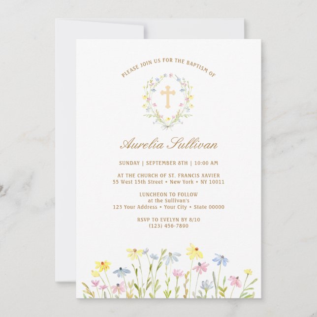Convites Pastel Wildflower Wreath Baptism (Frente)