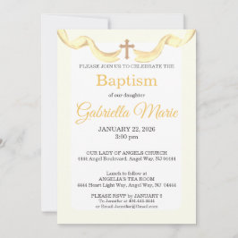 Convites Pastel Yellow Ribbon Cross Watercolor Baptism