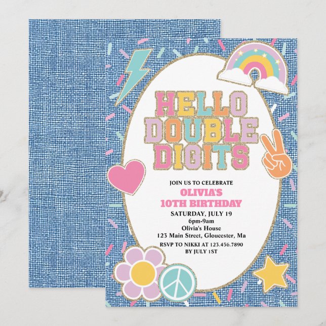 Convites Patch Denim Olá Dupla Dígitos 10º Aniversário (Frente/Verso)