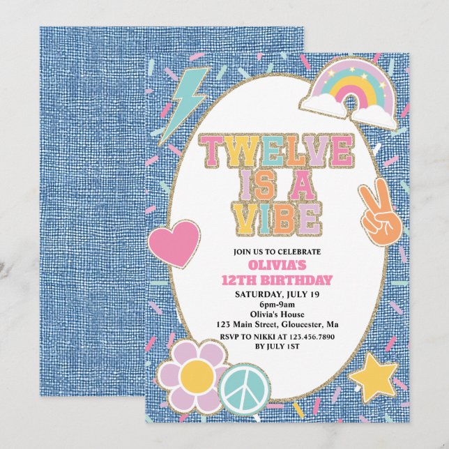 Convites Patch Denim Twelve is a Vibe 12th Birthday (Frente/Verso)