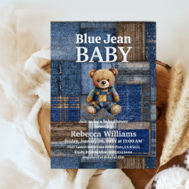 Convites Patchwork Denim Bear Toy Blue Jean Baby Shower