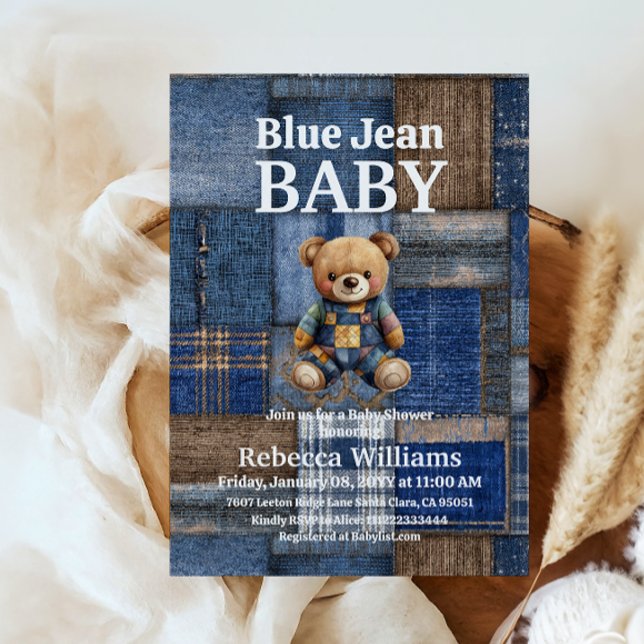 Convites Patchwork Denim Bear Toy Blue Jean Baby Shower (Criador carregado)