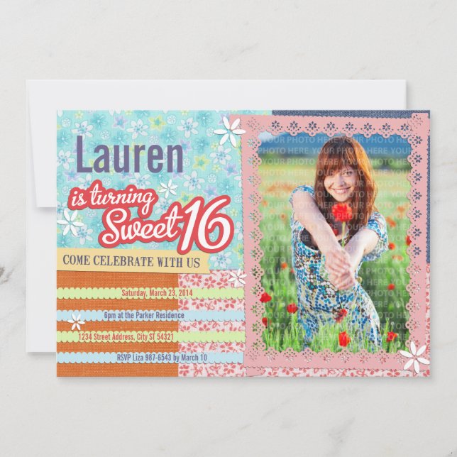 Convites Patchwork & Pink Lace Sweet 16 Photo Invitation (Frente)