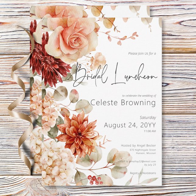 Convites Patilho e Almoço Floral de Boho (Spicy Fall Rust & Blush Boho Floral Bridal Lunch Invitation)
