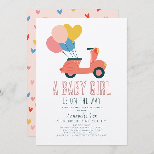 Convites Patinete Rosa Balões Chá de fraldas Rapariga (Frente/Verso)
