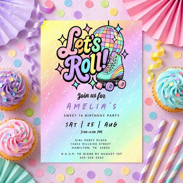 Convites Patins de Rolamento de Bola de Disco Festa de Aniv (Disco Ball Roller Skate Sweet 16 Birthday Party Invitation)