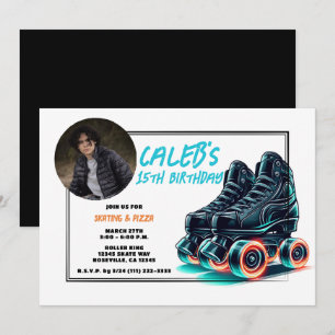 Convites Patins Preta com Rodas Azuis que Brilham no Aniver