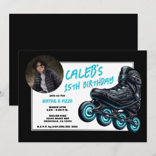 Convites Patins Preta Rodas Azuis Brilhantes Festa de Anive