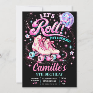 Convites Patins Rosa Rétro Festa de Aniversário da Garota D