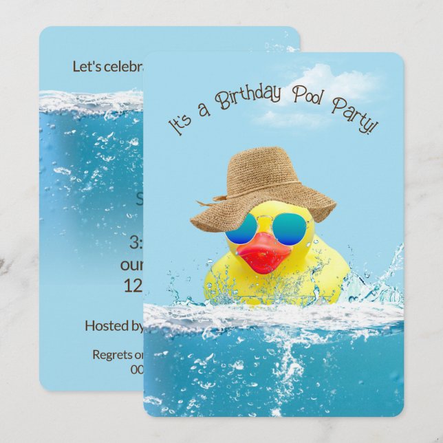 Convites Pato Amarelo para uma festa de Piscina de aniversá (Frente/Verso)
