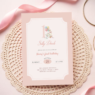 Convites Pato Bobo com Laço Rosa Menina 1º Aniversário
