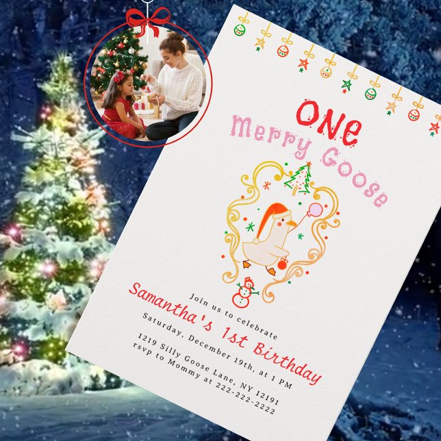 Convites Pato Bobo Festa de Natal e Aniversário (Holiday invitation cute illustrated goose in a Santa hat holding a balloon, festive Christmas decor)