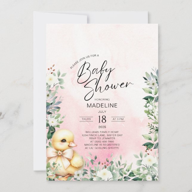 Convites Pato com Arco de Chá de fraldas Rosa (Frente)