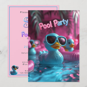 Convites Pato de Borracha Azul Festa na Piscina Brilho Rosa