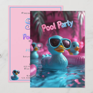Convites Pato de Borracha Azul Festa na Piscina Brilho Rosa