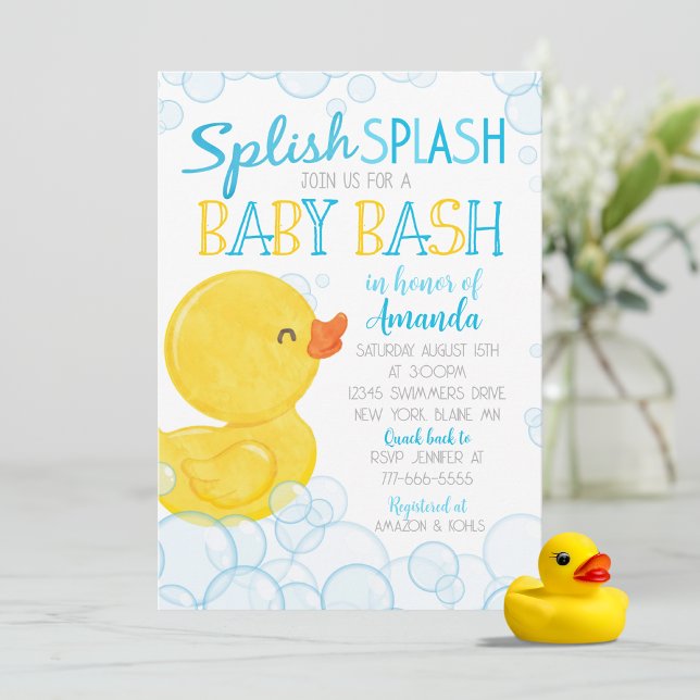 Convites Pato de Borracha Esparrinhar Bebê Chove-Chove Chá  (Splish Splash Watercolor Rubber Duck Boy Baby Shower Invitations. Available Printed or Download)