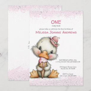 Convites Pato Fofo com Sorvete Rosa no Primeiro Aniversário