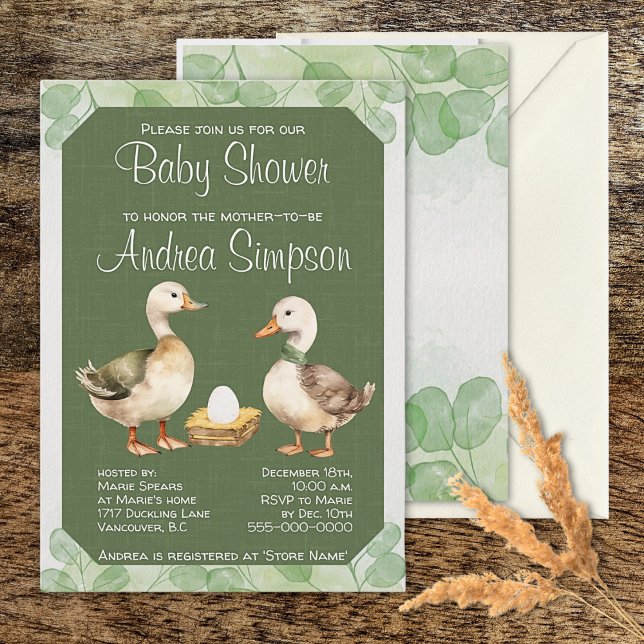 Convites Patos de Aquarela Verde e Chá de fraldas de Ovos (Criador carregado)