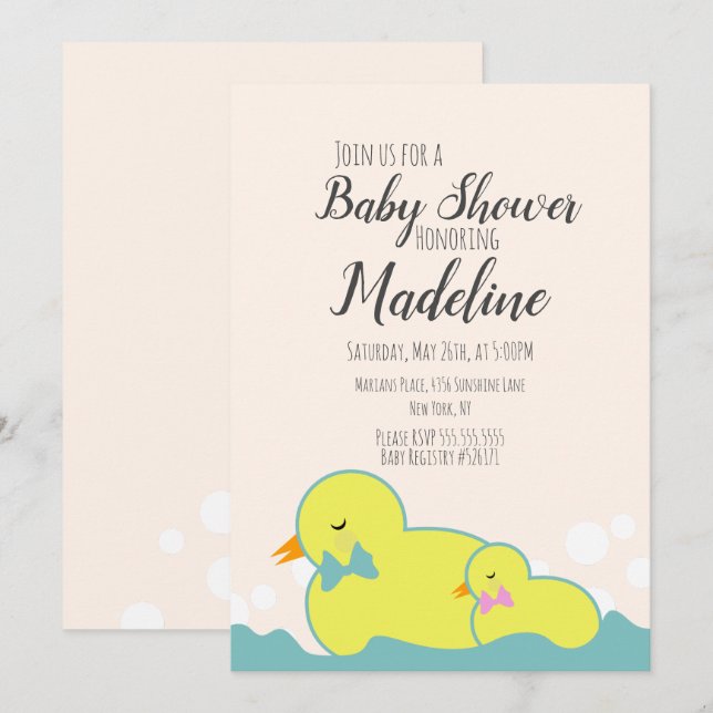 Convites Patos de Borracha Modernos Bege  Chã de Bebê   (Frente/Verso)