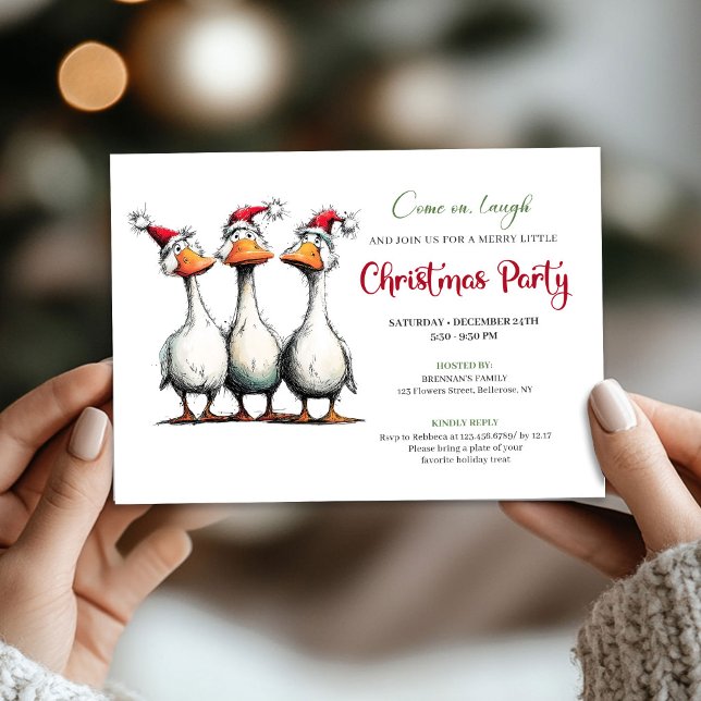 Convites Patos de Natal Caprichosos Festa Divertida Minimal (Christmas Whimsical Geese Funny Minimalist Party Invite)