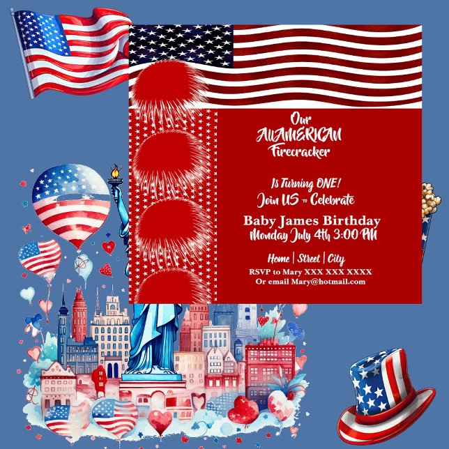 Convites Patriota Americana do Firecracker Birthday Boy (Patriotic American Flag Firecracker Birthday Boy Invitation)