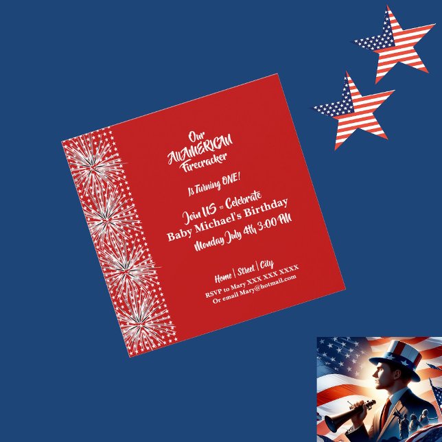 Convites Patriota Americana do Firecracker Birthday Boy (Patriotic American Flag Firecracker Birthday Boy Invitation)