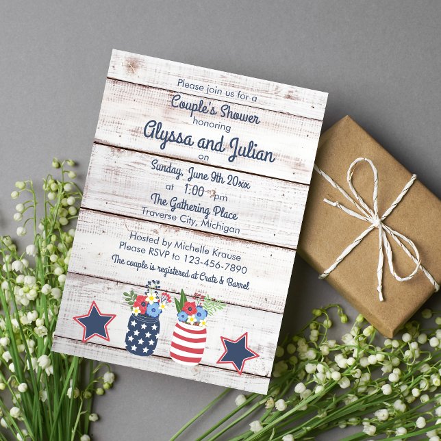 Convites Patriotic Love Rustic 4th of Julho Casal Chá (Criador carregado)