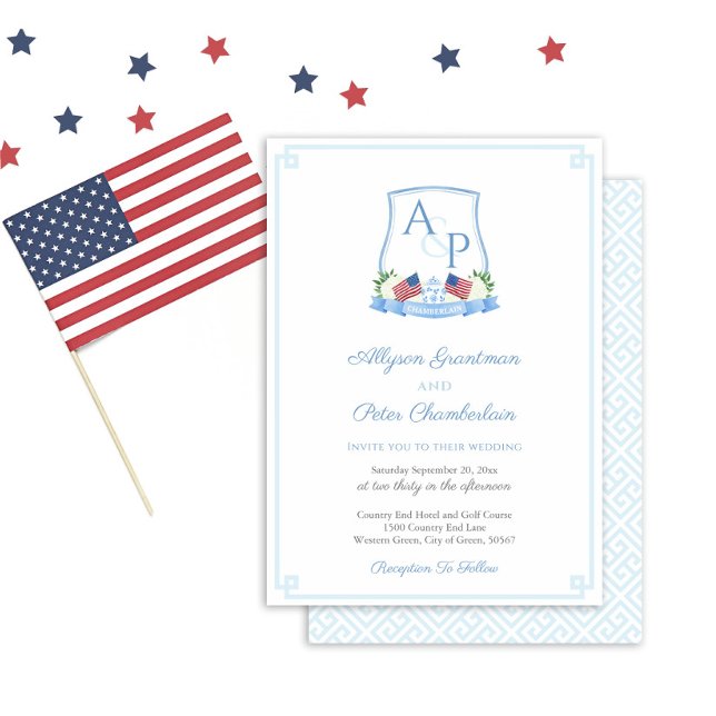 Convites Patriotic New England Hydrangea Wedking Crest (Patriotic Red White And Blue Watercolor Crest Wedding Invitation With Blue White Greek Key Backer)