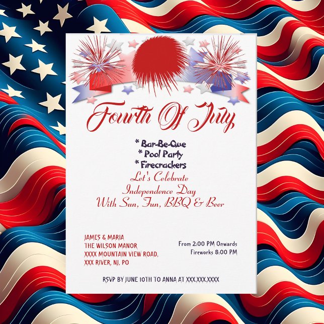 Convites Patriotic Stars 4º de julho Partido de CHURRASCO d (Patriotic Stars 4th July Firecrackers BBQ Party Invitation)