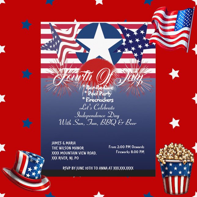 Convites Patriotic Stars 4º de julho Partido de CHURRASCO d (Patriotic Stars 4th July Firecrackers BBQ Party Invitation)