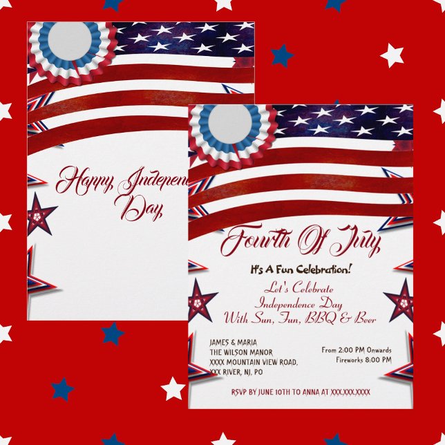 Convites Patriotic Stars 4 de julho Partido CHURRASCO de Ba (Patriotic Stars 4th July American Flag BBQ Party Invitation)