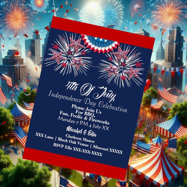 Convites Patriótico dos EUA - 4 de julho Partido do Bombead (US Patriotic 4th July Firecracker BBQ Party Blue Invitation)