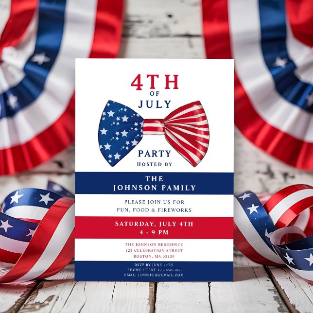 Convites Patriótico Elegante Vermelho Branco Azul 4° De Jul (Elegant Patriotic Red White Blue 4th Of July Party Invitation)