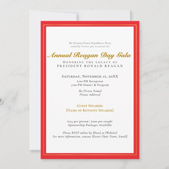Convites Patriótico Reagan Day Gala Fundraiser Republicano (Frente)