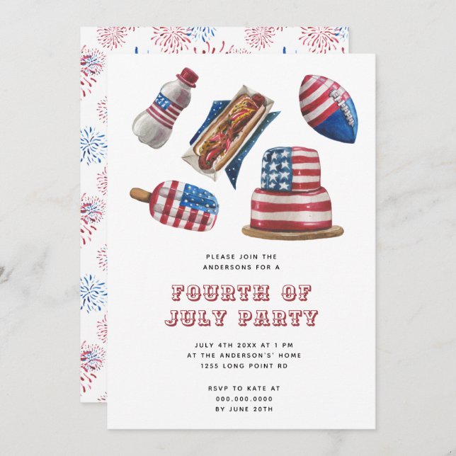 Convites Patriótico Vermelho e CHURRASCO Azul Moderno 4 de  (Frente/Verso)