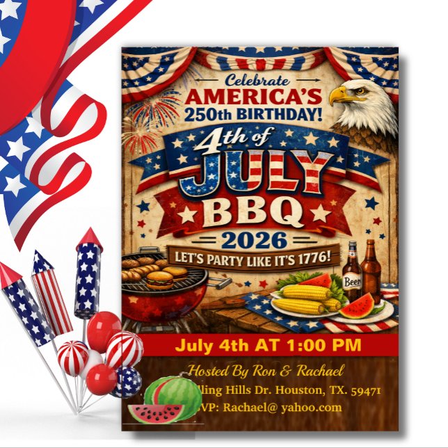 Convites Patrotic BBQ 4th of July America's 250th  (Criador carregado)