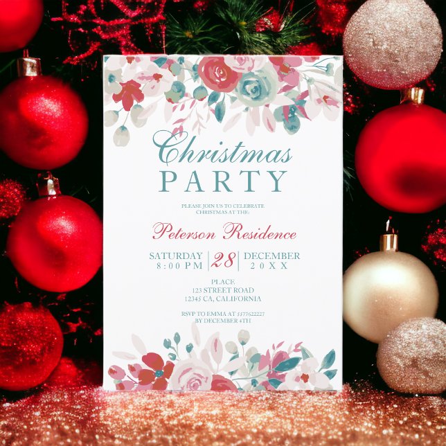 Convites Pau verde-branco floral Elegante (Elegant floral watercolor red green Christmas Invitation)