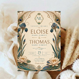 Convites Pavão Art Nouveau Casamento Botânico Dourado Teal